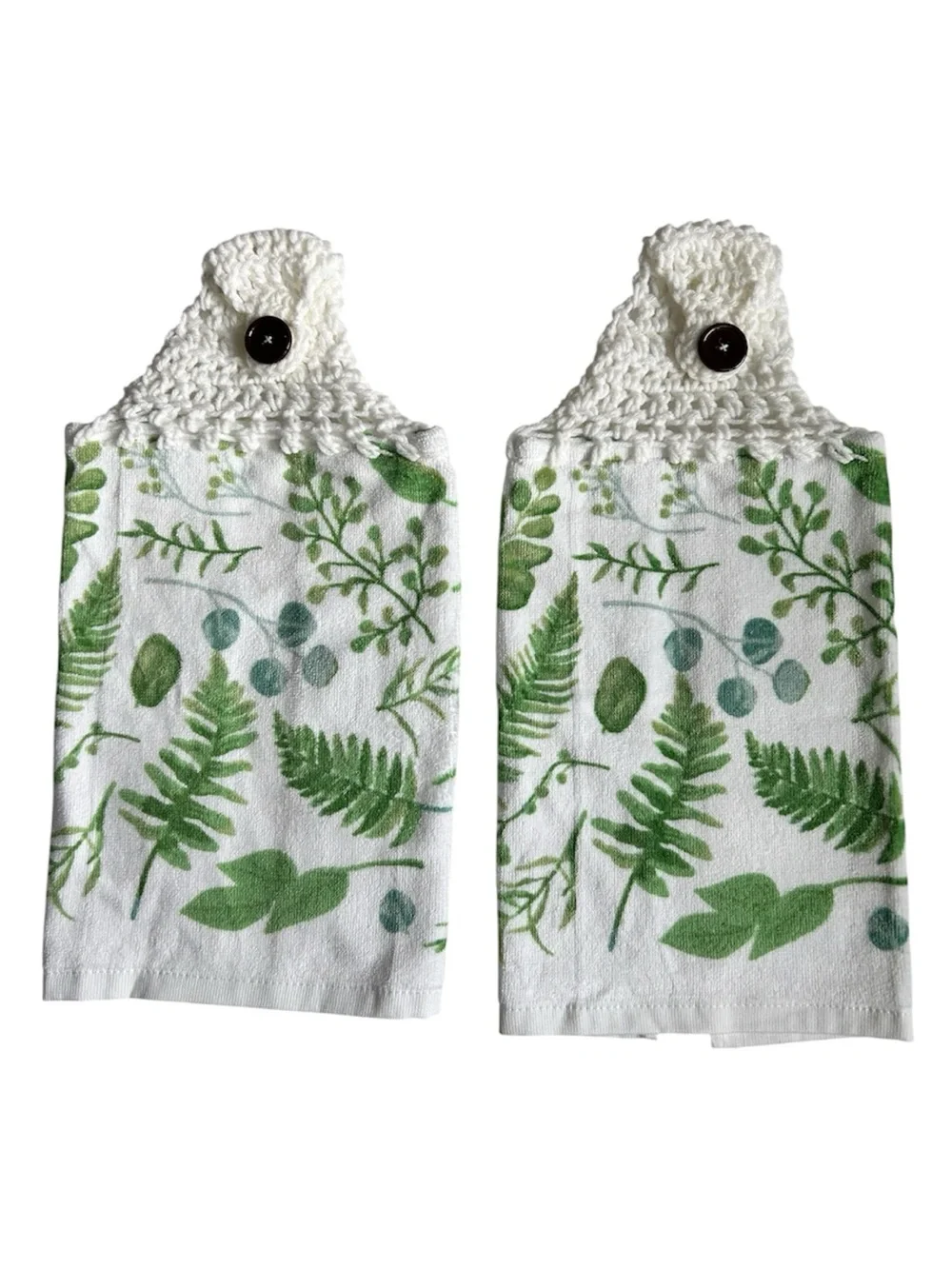 Hand Crafted Colorful Green Ferns Hanging Hand Towels Crochet Top Button Closure